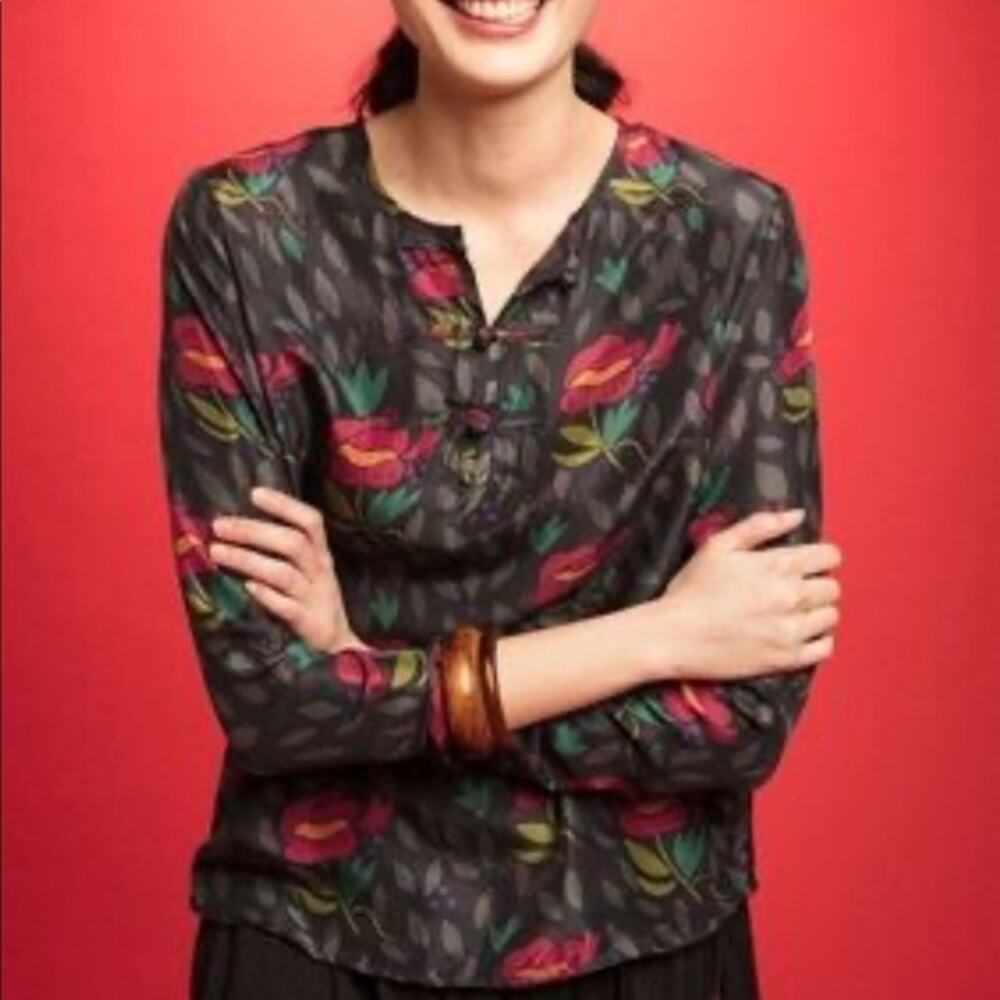 Gudrun Sjodun Kinaros Blouse 100% Silk Floral Print Mandarin Toggles SZ S